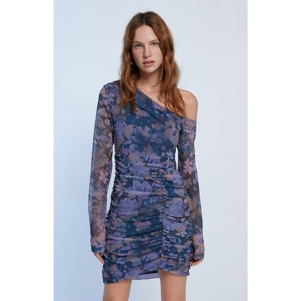 Free People Womens Chole Blue Mesh Floral Print Shirred Sheath Dress Medium